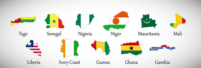 Fototapeta premium Set of West Africa country maps with flags isolated on gray background, vector illustration