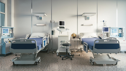 Two empty bed in a hospital room with medical equipment - Powered by Adobe