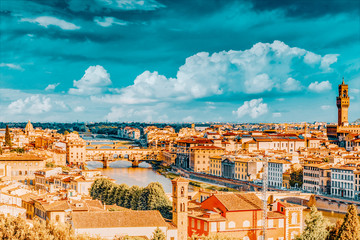 Obraz premium Beautiful landscape above, panorama on historical view of the Florence from Piazzale Michelangelo point. Morning time.