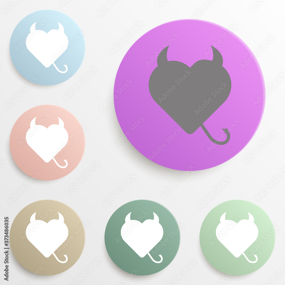 Poster silhouette of devil heart with horns and tail badge color set. simple glyph, flat vector of web icon