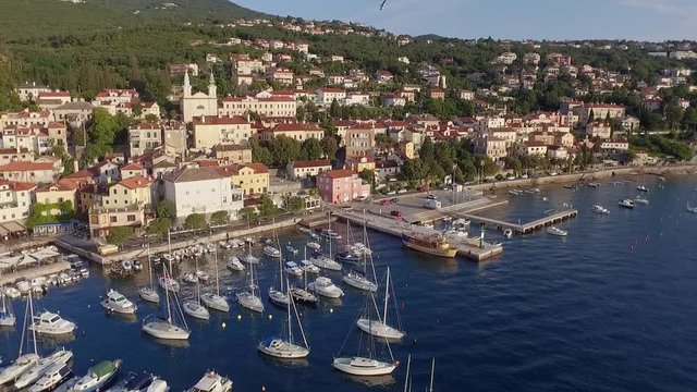 Croatia, Adriatic coast, beautiful town of Opatija, popular tourist resort, coastline aerial view, Kvarner bay, drone footage