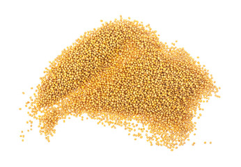 Yellow mustard seeds isolated on a white background, top view. Heap of mustard seeds.