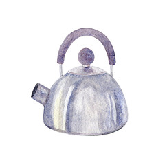 Watercolor kettle isolated on white. Drawing of steel teapot. Hand painted illustration