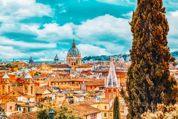 View of the city of Rome from above, from the hill of Terrazza del Pincio. Italy.