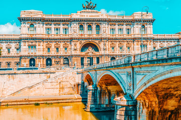 Fototapeta premium ROME, ITALY - MAY 09, 2017 : Palace of Justice (Corte Suprema di Cassazione) near Tiber river and Bridge (Ponte) Umberto I. Rome. Italy.