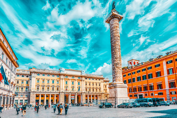 ROME, ITALY - MAY 10, 2017: Column of Marcus Aurelius(Colonna di Marco Aurelio) on Square Column. Rome. Italy. - obrazy, fototapety, plakaty
