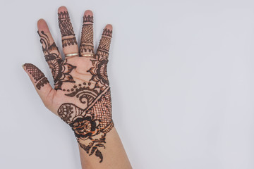 Natural Herbal Mehndi Heena Art Decoration On Hands Of Girl Woman For Religious And Cultural Ceremony Celebrations In Hindu India With White Background And Blank Space