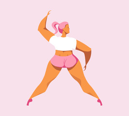 A cute girl in sports shorts and a T-shirt stands back in ballet pose . A young ballerina woman with curvaceous forms is mastering ballet and stands in ballet  shoes on tiptoes. Vector flat design