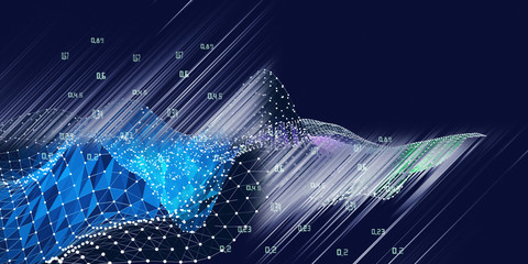 Abstract infographics concept wavy polygonal wireframe with data and blurred lines on dark background. Data chart.  Big data. 3d grid algorithm analysis data for technology and business .