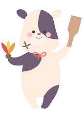 お正月　羽根つきをする牛のイラスト