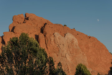 Garden of the Gods rock formation with moon rising