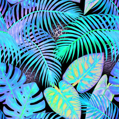 Watercolor abstract summer seamless pattern with tropical exotic plants and animals