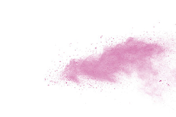 Pink powder explosion on white background. Colored cloud. Colorful dust explode. Paint Holi.