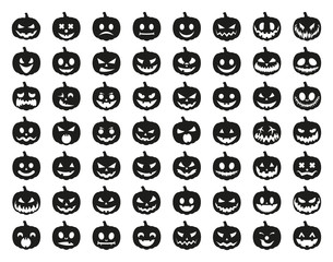 Set of black Pumpkins on white background. The main symbol of the holiday Happy Halloween. Black pumpkins with smile for the holiday Halloween.