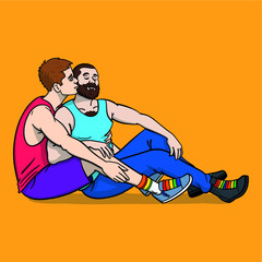 two gay men are sitting on the floor and kissing. yellow background.