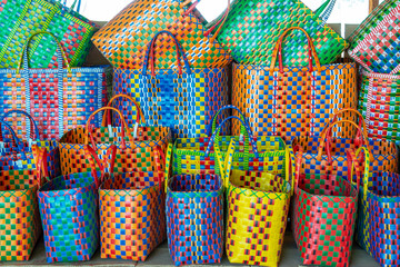 Display of colorful baskets at a market in Burma, Myanmar