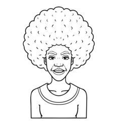 comic avatar of an african woman with afro. outline, monochrome.