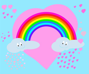 Vector rainbow illustration with clouds and pink hearts on sky blue plain background. LGBT movement concept