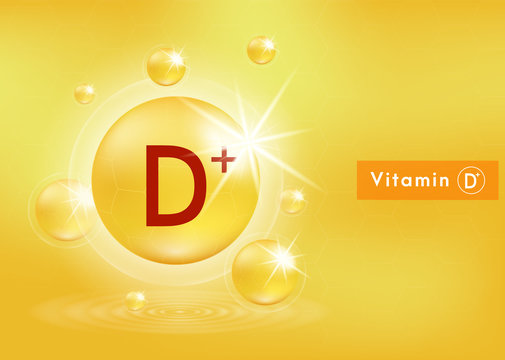 Vitamin D+ shining pill capsule icon . Vitamin with Chemical formula. Shining golden substance drop. Beauty treatment nutrition skin care design. Vector EPS 10
