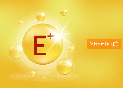 Vitamin E+ shining pill capsule icon . Vitamin with Chemical formula. Shining golden substance drop. Beauty treatment nutrition skin care design. Vector EPS 10