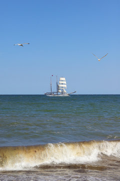 A Tall ship along the coast of Sassnitz, island Rügen, Baltic Sea - Germany