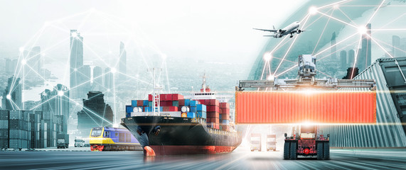 Global business logistics import export concept, container truck, ship in port and freight cargo...