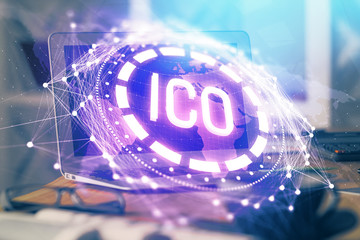 Multi exposure of blockchain theme hologram and table with computer background. Concept of bitcoin...