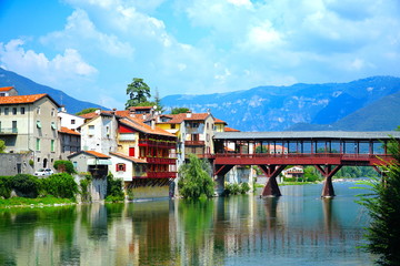 Fototapeta na wymiar Bassano del Grappa is a city in northern Italy’s Veneto region, Italy. The Old Bridge also called the Bassano Bridge or Bridge of the Alpini is considered one of the most picturesque bridges in Italy.
