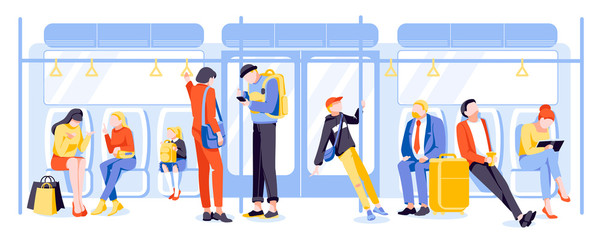 Passengers in subway train. People activities at public transport. Commuters using their mobile devices. Subway train interior with sitting and standing people cartoon vector illustration