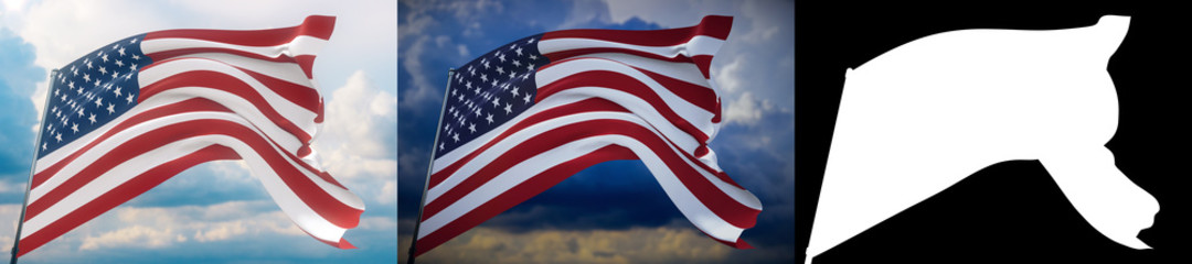Waving flags of the world - American Flag. Set of 2 flags and alpha matte image. Very high quality mask without unwanted edge. High resolution for professional composition. 3D illustration.