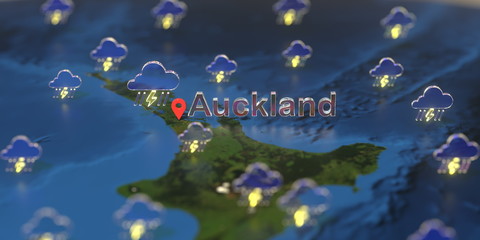 Fototapeta na wymiar Stormy weather icons near Auckland city on the map, weather forecast related 3D rendering