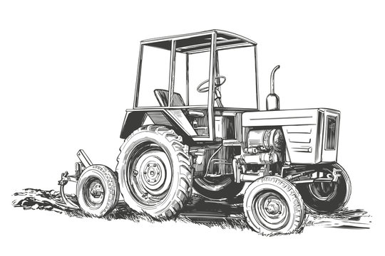 Farm tractor hand drawn vector illustration sketch