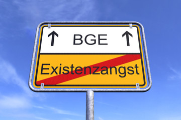 3d Illustation - Ortsschild - Ortstafel - Existenzangst - Bedingungsloses Grundeinkommen BGE - Himmel - Wolken