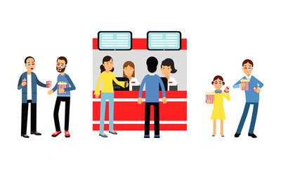 People Characters Holding Popcorn and Waiting for Movie Start in Cinema Hall Vector Illustration Set