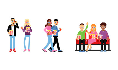 Obraz premium People Characters Holding Popcorn and Watching Movie in Cinema Vector Illustration Set