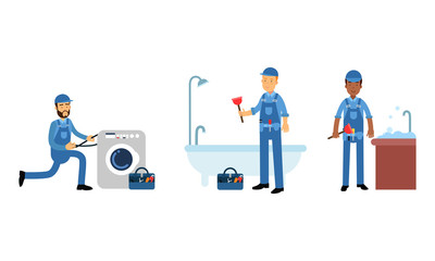 Young Man Plumber Wearing Blue Overall Fixing Sanitary Ware Vector Illustration Set