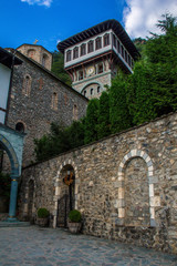 Fototapeta na wymiar Ohrid, Macedonia; August 04, 2018. Saint Jovan Bigorski Monastery. Arquitectura antigua en pieda y madera.