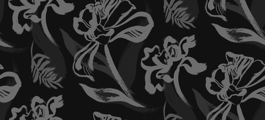 pattern hand-drawn with a dry brush with grey flowers for textile