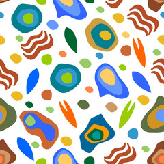 Stylish seamless pattern with hand drawn geometric elements, abstract shapes and doodle objects on a white background for design typography and decor.