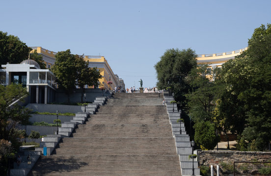 Big Potemkin Stairs In Odessa With Monument Duke Of Richelieu