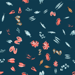 Seafood seamless pattern. Fresh organic natural healthy nutritious marine fishes and creatures backdrop, wallpaper, packaging, textile design cartoon vector illustration
