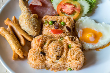 Happy Meal American Style Breakfast Create bear Smile. American style breakfast set, fried rice. Bear set fired rice and chicken , sausage , fried egg