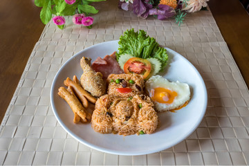 Happy Meal American Style Breakfast Create bear Smile. American style breakfast set, fried rice. Bear set fired rice and chicken , sausage , fried egg