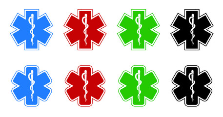 Medical symbol of the emergency star of life icons Funny vector caduceus signs Doctor esculaap icon Drugstor Ppharmacy pharma sign Aesculapius or asclepius Snake staff plus medic cup Health store shop
