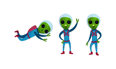 Green Alien Creatures in Spacesuit Standing and Waving Hand Vector Set