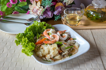 Spicy mixed seafood. Seafood spicy salad. Spicy Shrimp with Squid Salad 