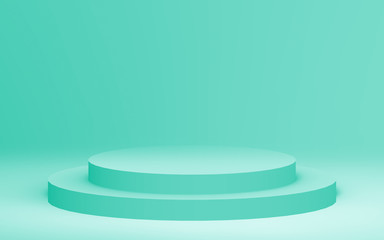 3d green bright cylinder podium minimal studio background. Abstract 3d geometric shape object illustration render. Display for food natural product.