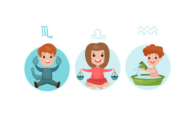 Cute Kid Characters Depicting Zodiac Sign or Astrological Sign Vector Illustration Set