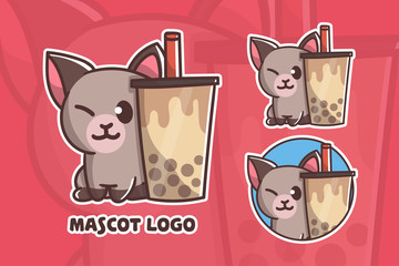 set of cute boba cat mascot logo with optional appearance. premium kawaii vector

