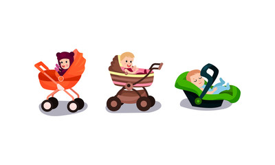 Cute Little Toddlers Sitting in Baby Carriage Vector Illustration Set